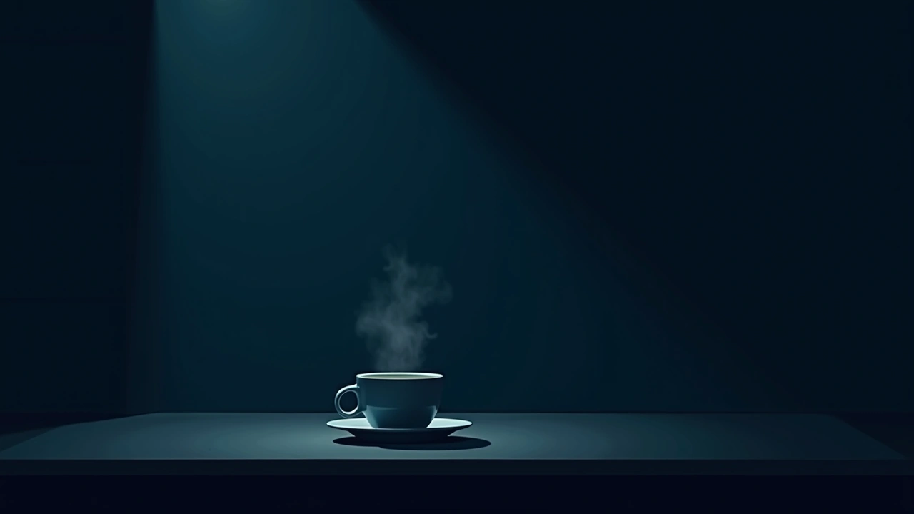 Illustration: a steaming cup of coffee on a kitchen counter in early morning light.