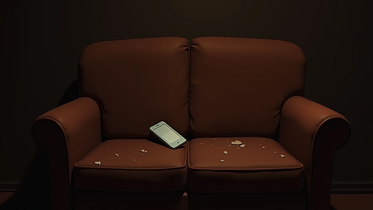 Illustration: a phone tucked between dusty couch cushions in dim light.