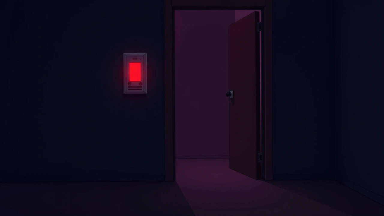 Illustration: a paranormal detection meter glowing solid red in a dark room.