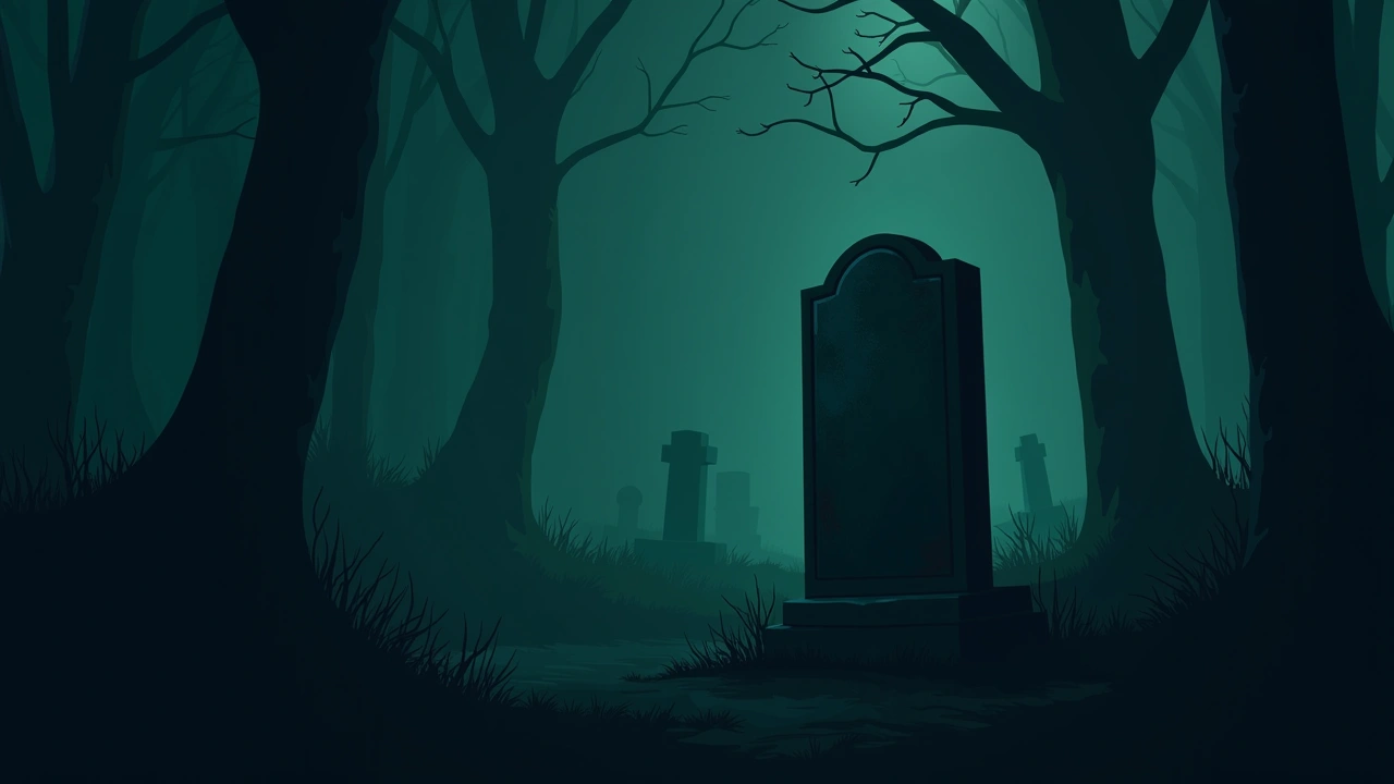Illustration: a weathered gravestone in a wooded graveyard at dusk.