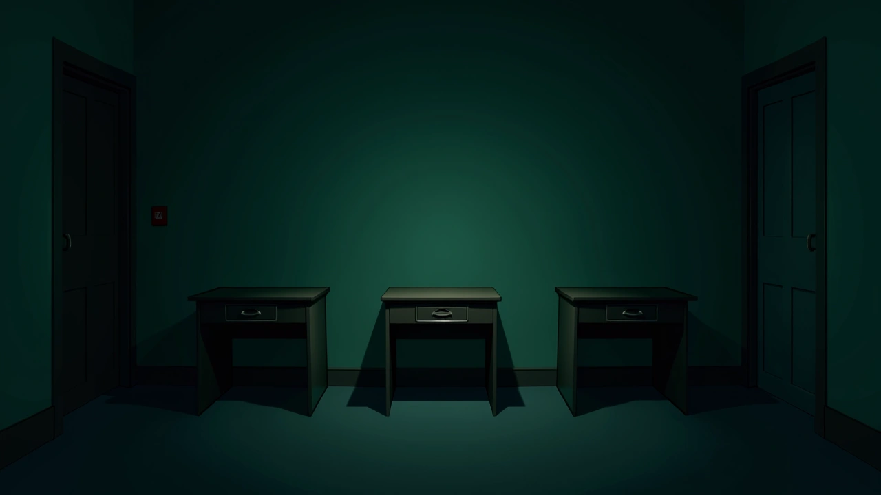 Illustration: a bedroom at night with three desks lined against the wall.