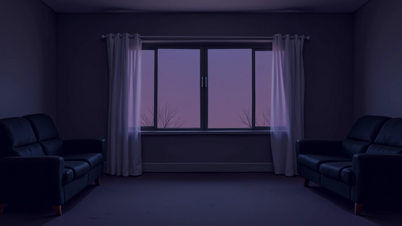 Illustration: a modest living room at dusk, curtains half-drawn.
