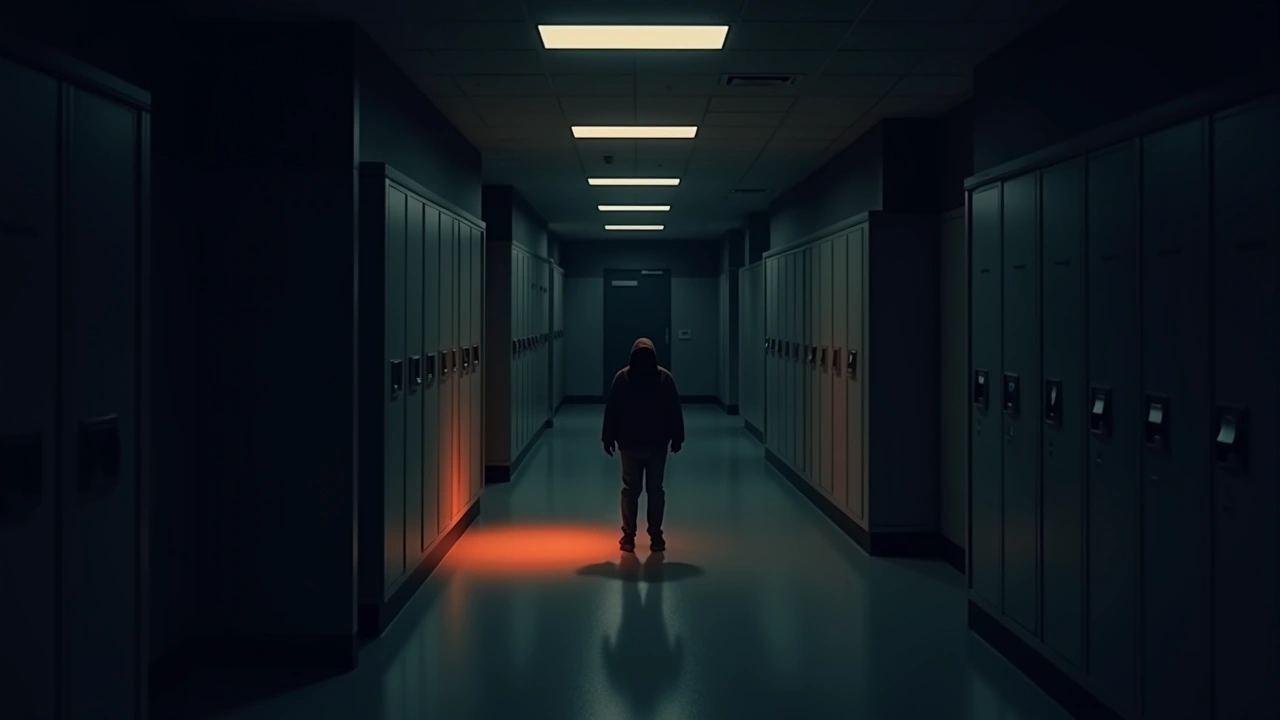 Illustration: an empty school hallway lined with lockers, late afternoon light on the floor.