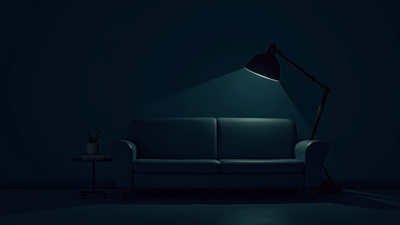 Illustration: a dim living room at night, an empty couch lit by a single lamp.