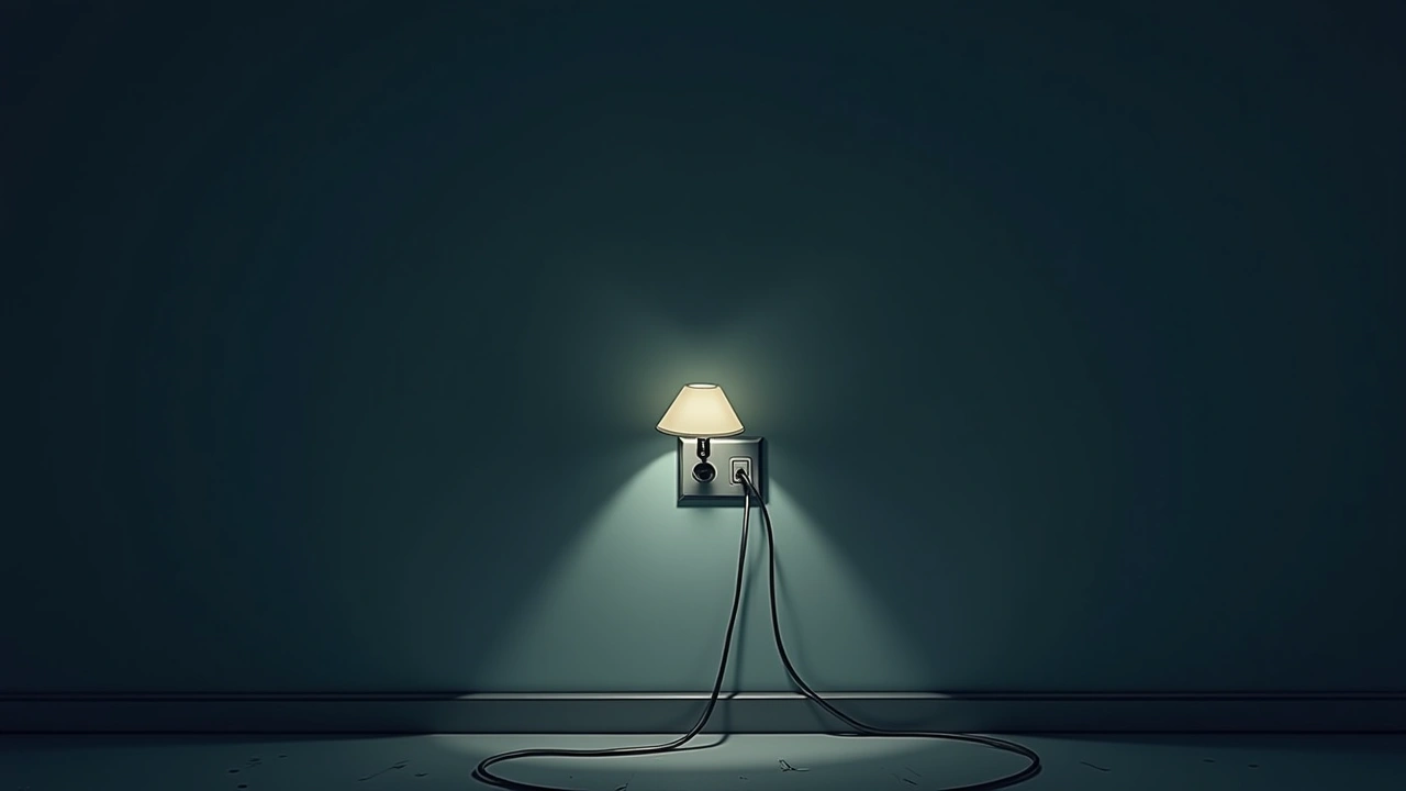 Illustration: a wall outlet with a lamp plugged in, flickering in a dim room.