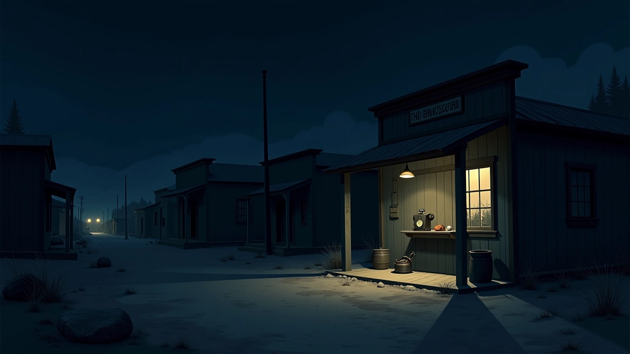 Illustration: a weathered blacksmith shop on a deserted old mining town street at night.