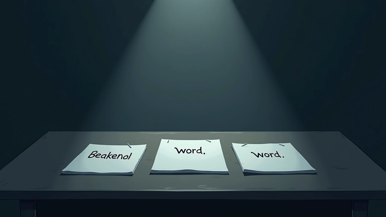Illustration: three handwritten words on separate sheets of paper on a table.