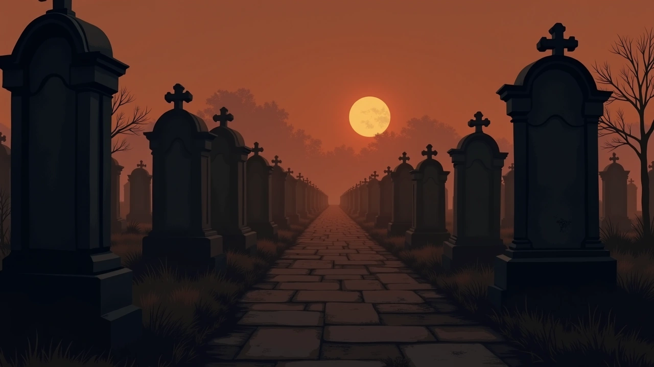 Illustration: an old cemetery at dusk, weathered headstones in rows.