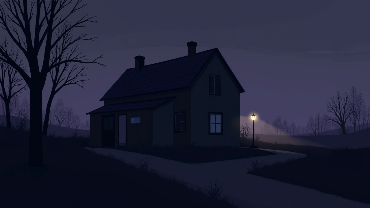 Illustration: an old abandoned village house at night.