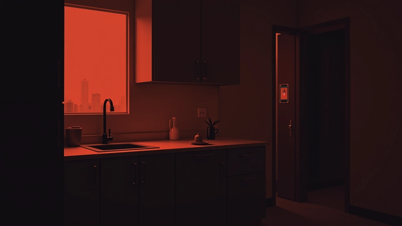Illustration: a kitchen at night with a phone screen showing red meter spikes.
