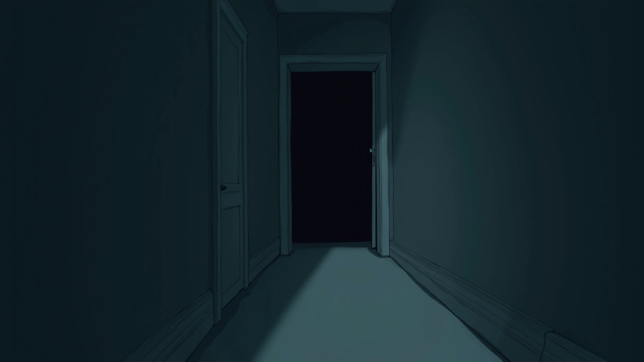 Illustration: a dark attic hatch seen from below in a dim hallway at night.