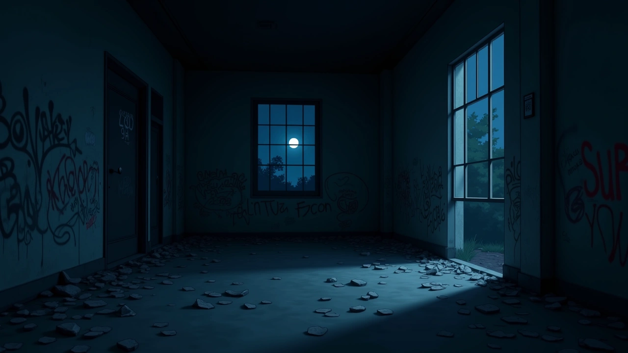 Illustration: a derelict, graffiti-covered building interior at night, moonlight through broken windows.