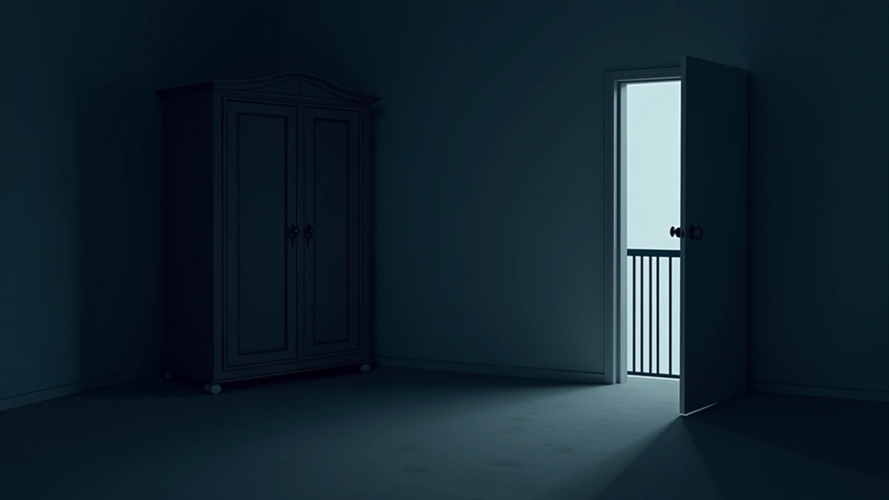 Illustration: A bedroom at night with a wardrobe in the shadows and a balcony door open to darkness.