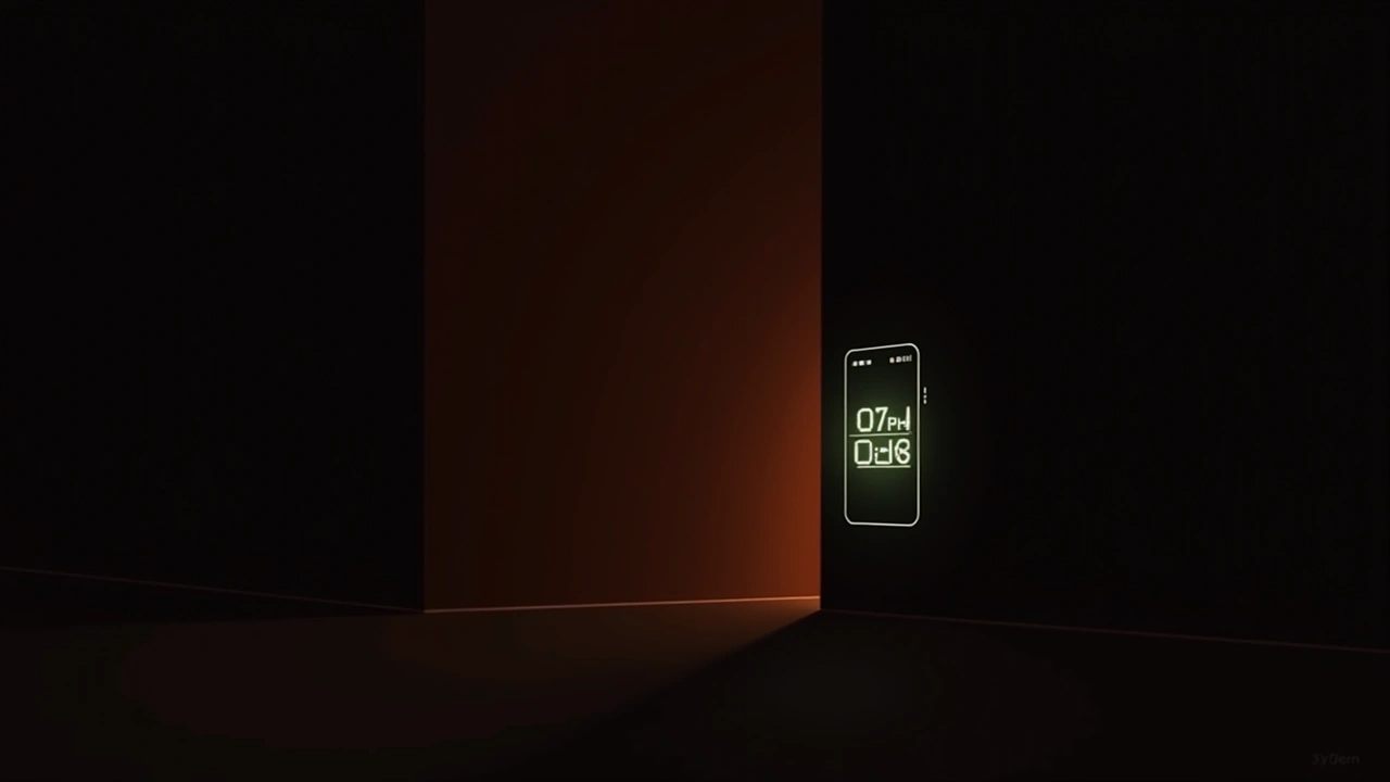 Illustration: a dark room with a glowing phone screen displaying flickering signal meters.