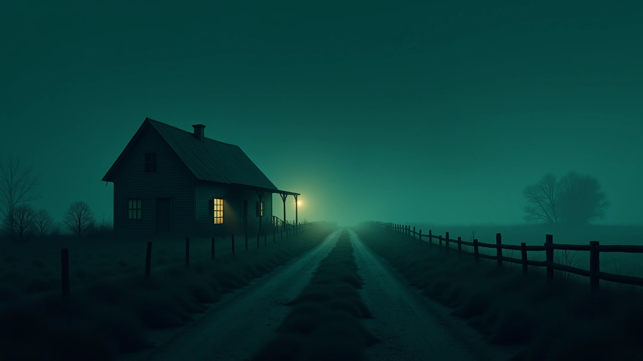 Illustration: An old rural property at dusk with a weathered fence line disappearing into fog.