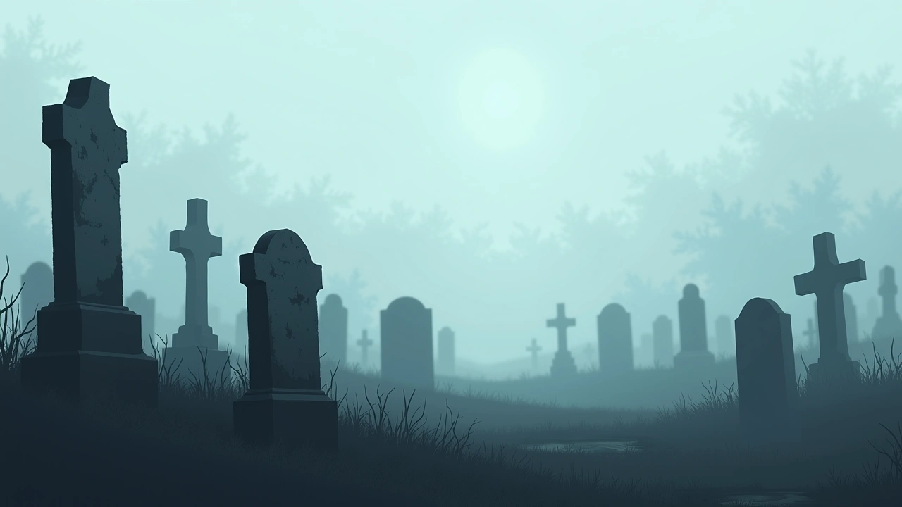 Illustration: a foggy cemetery at dusk, weathered gravestones under a pale sky.