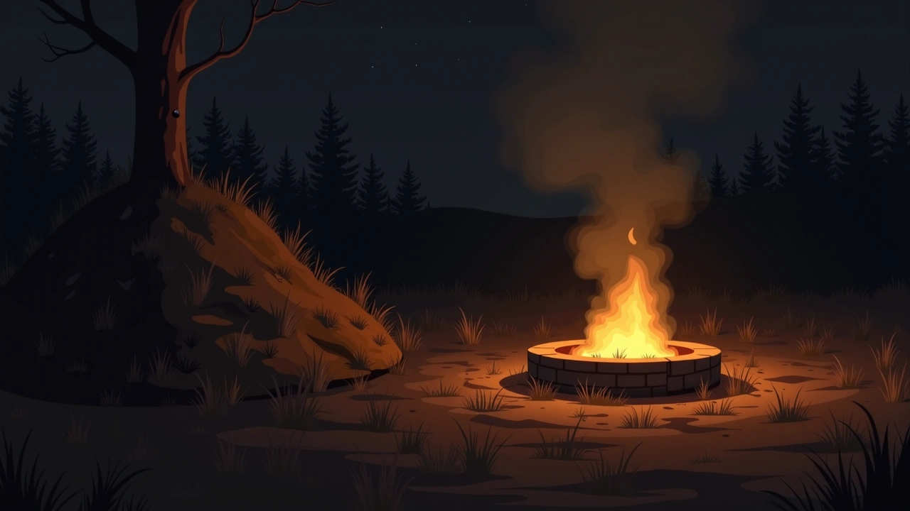 Illustration: A backyard fire pit glowing at night beside a wooded mound, smoke drifting upward.