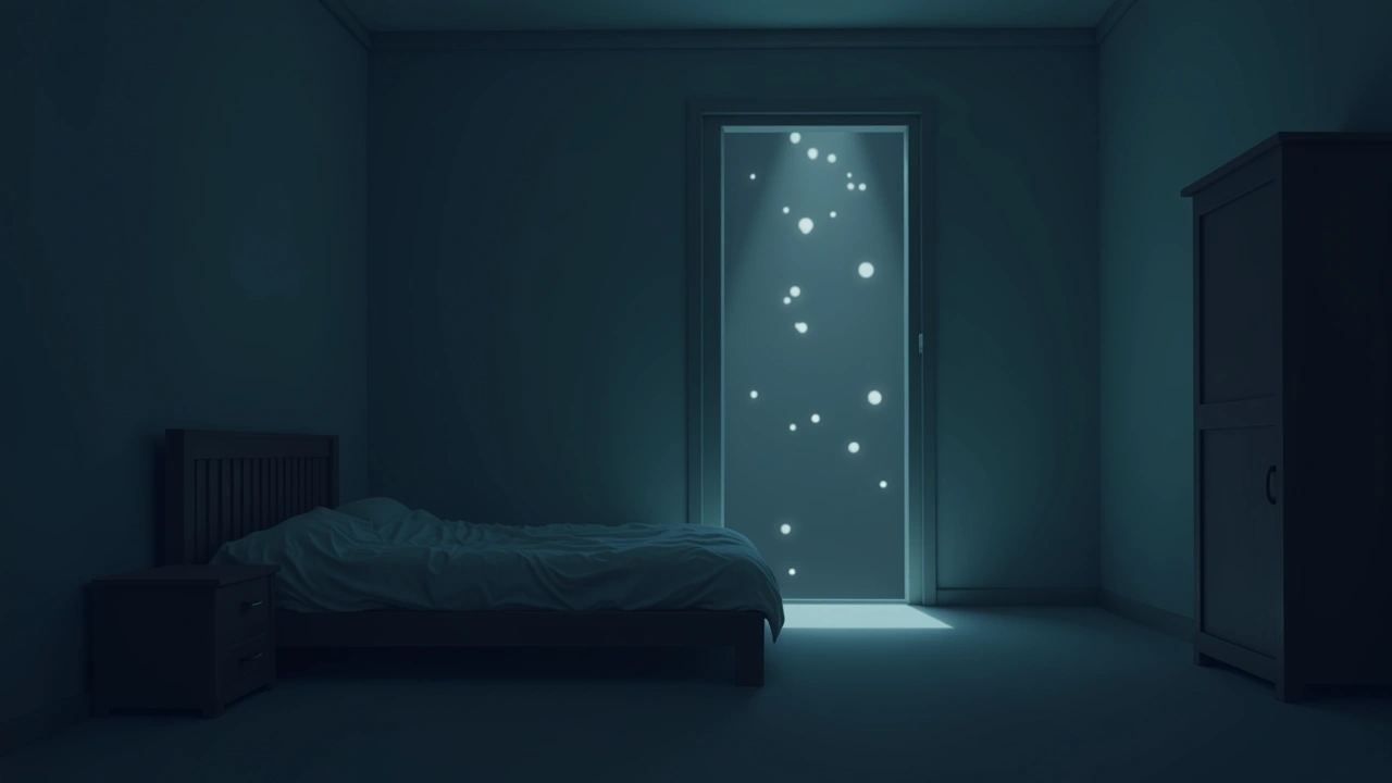 Illustration: faint orbs of light floating in a dim bedroom at night.