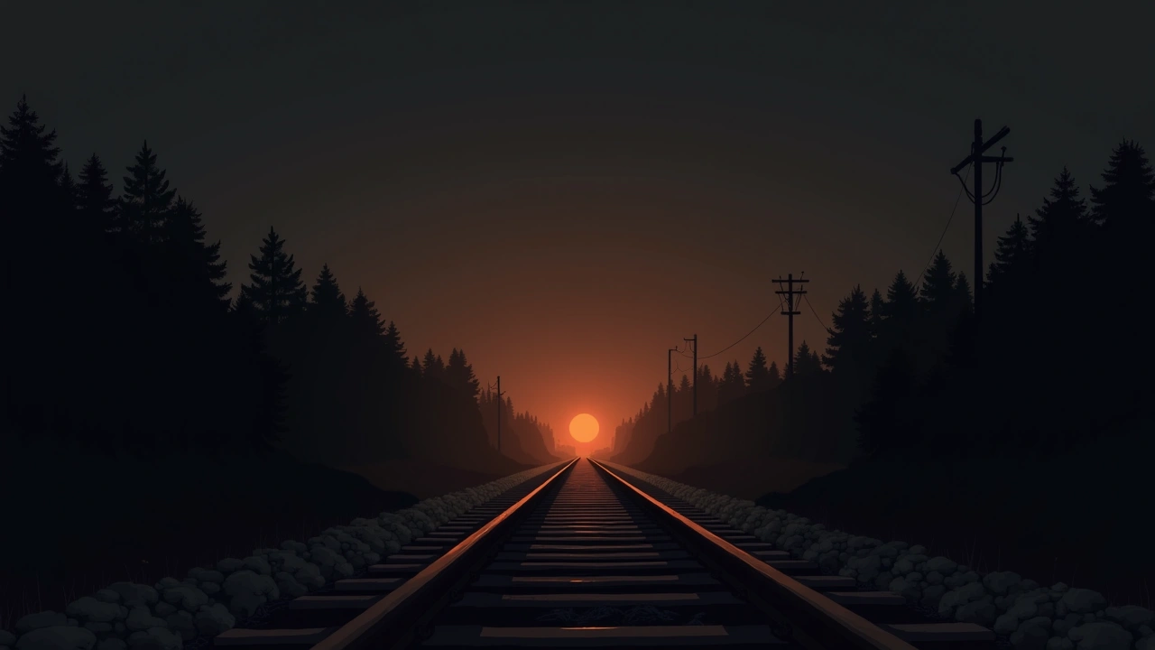 Illustration: an empty stretch of railway track at night under dim light.