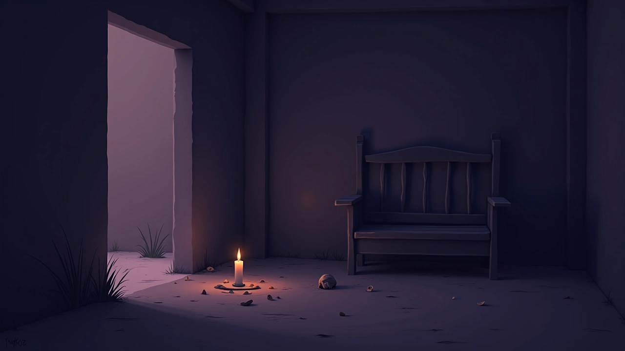 Illustration: a dim, quiet room where a blessing recently took place, candlelight flickering.