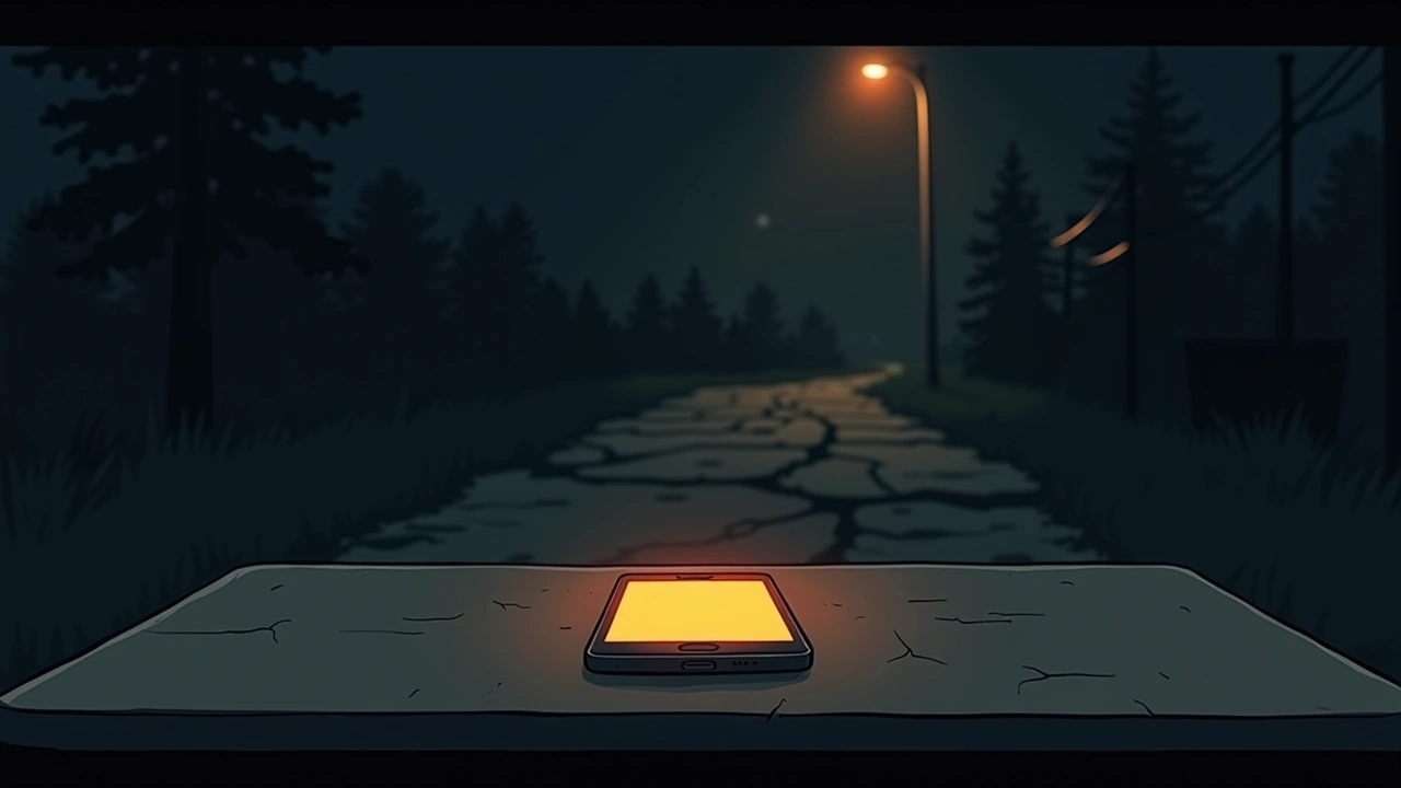 Illustration: a smartphone glowing on a table at night, with cracked pavement outside after a tremor.