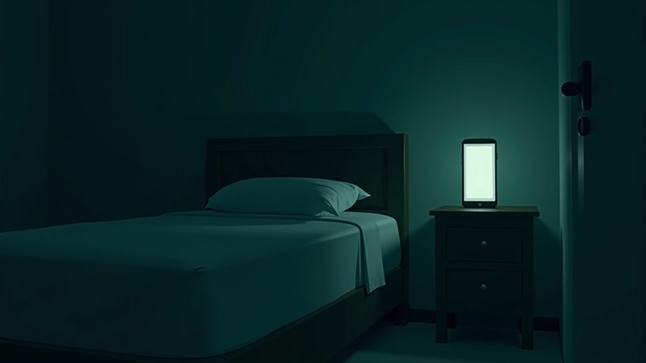 Illustration: a dim bedroom at night, a phone screen glowing on a nightstand.