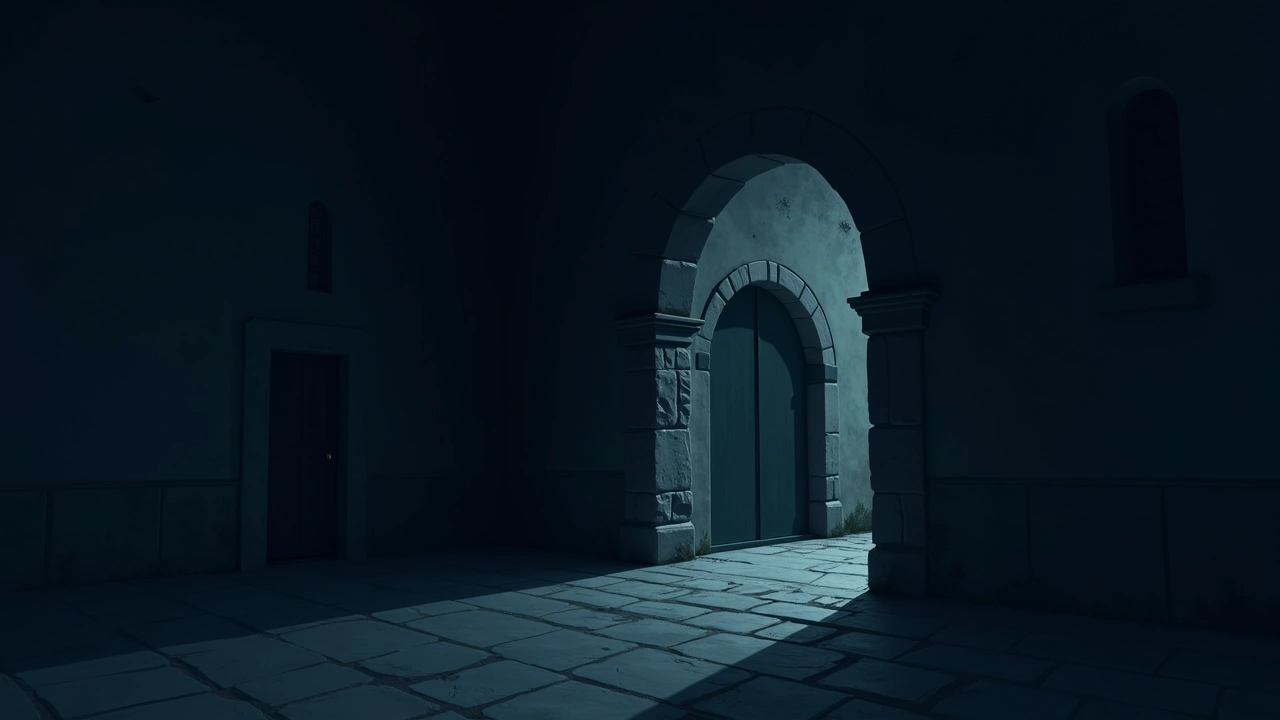 Illustration: The dim stone interior of an old Italian building with an arched doorway.