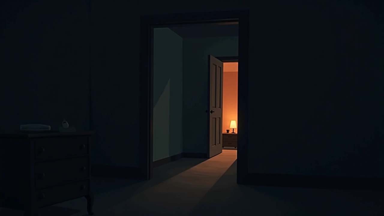 Illustration: a bedroom mirror reflecting a dim, empty room at night.