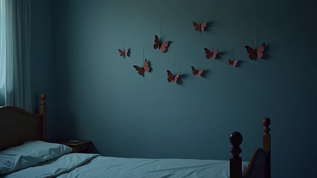 Illustration: twelve small paper butterflies pinned to a bedroom wall.