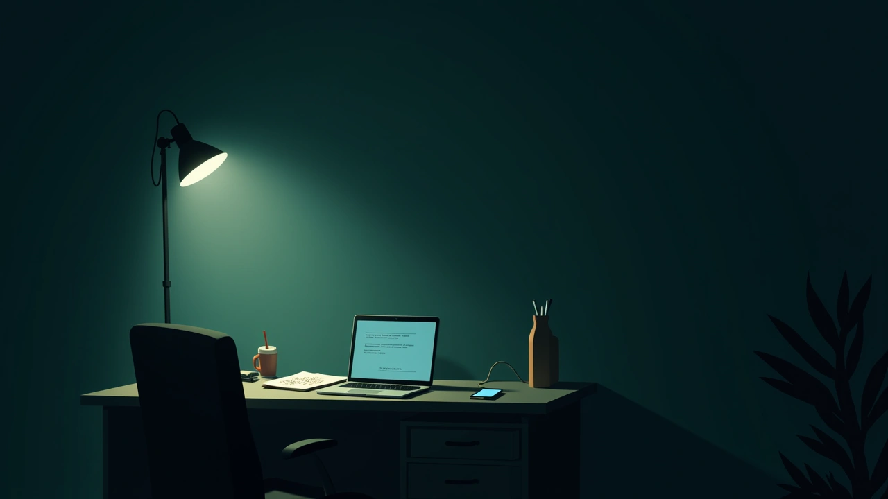 Illustration: A cluttered desk at night lit by a laptop and phone screen, a notepad scrawled with scattered words.
