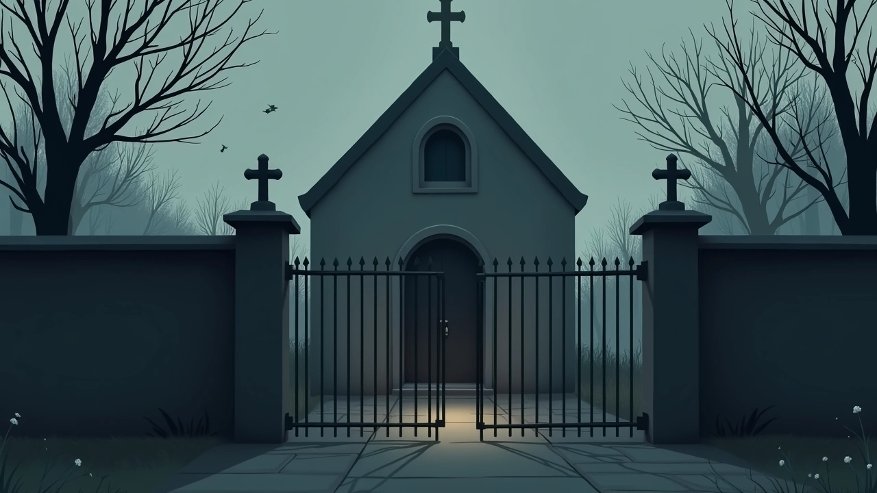 Illustration: a dim stone prison chapel behind a rusty blocked gate, something twirling faintly in midair.