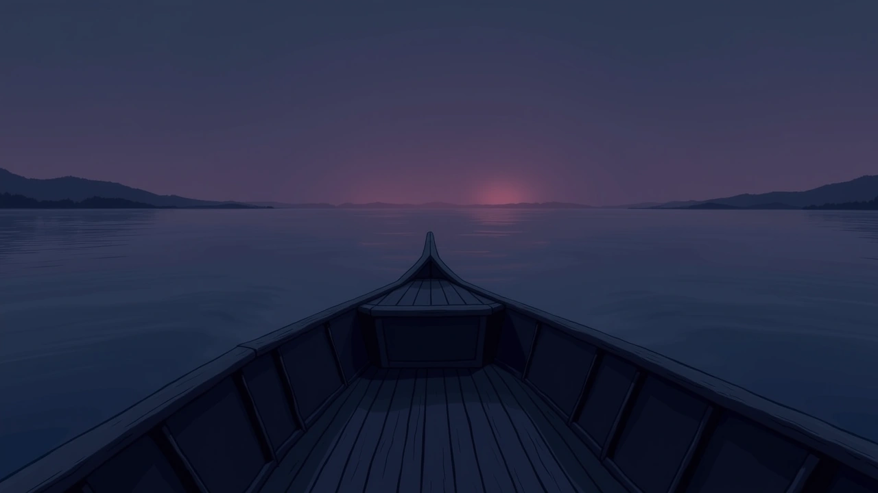 Illustration: A boat deck at dusk on calm open water, the horizon fading into twilight.