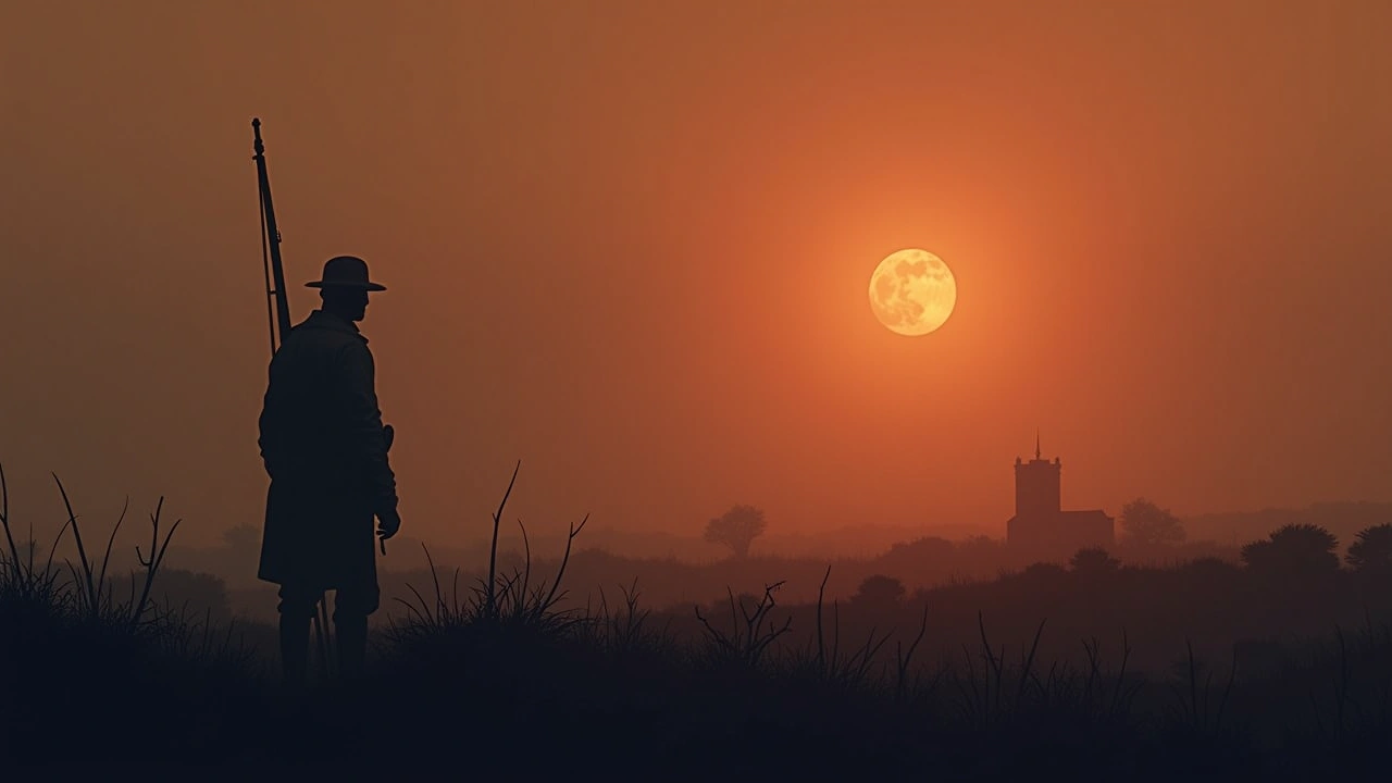 Illustration: a misty old battlefield at dusk, a faint silhouette in the fog.