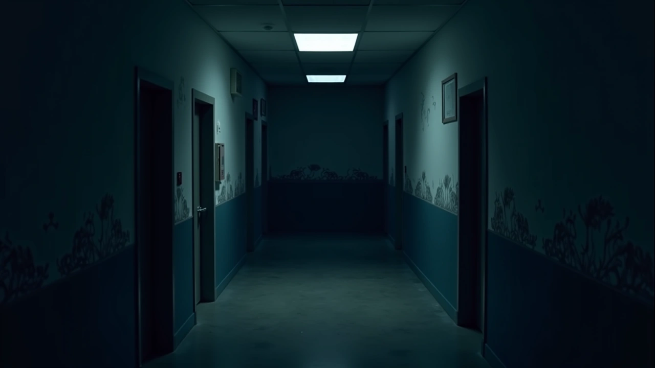 Illustration: an abandoned psychiatric hospital ward hallway, dim light and peeling walls.