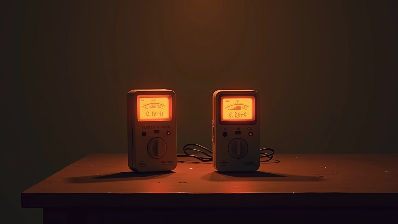 Illustration: two EMF meters glowing side by side on a table at night.