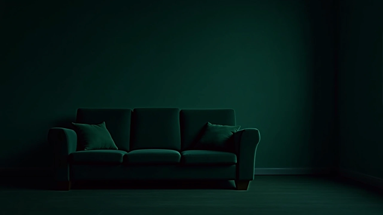 Illustration: a living room sofa at night, one dim corner beside its armrest.