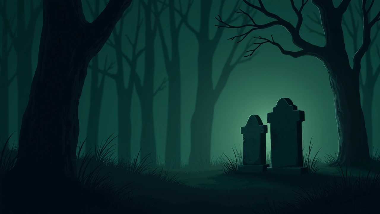 Illustration: A cemetery at dusk with two weathered headstones close together.