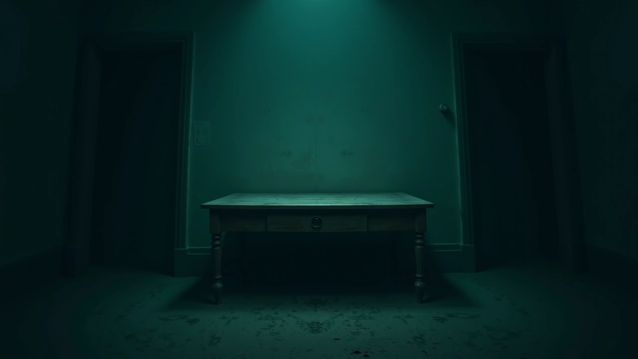 Illustration: an antique wooden table in an old house, with dark empty space beneath it.