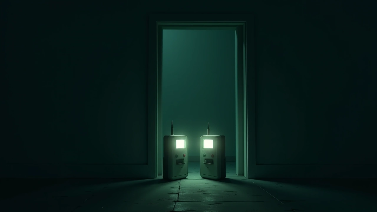 Illustration: two ghost-hunting meters glowing with lights a few feet apart in a dim room.
