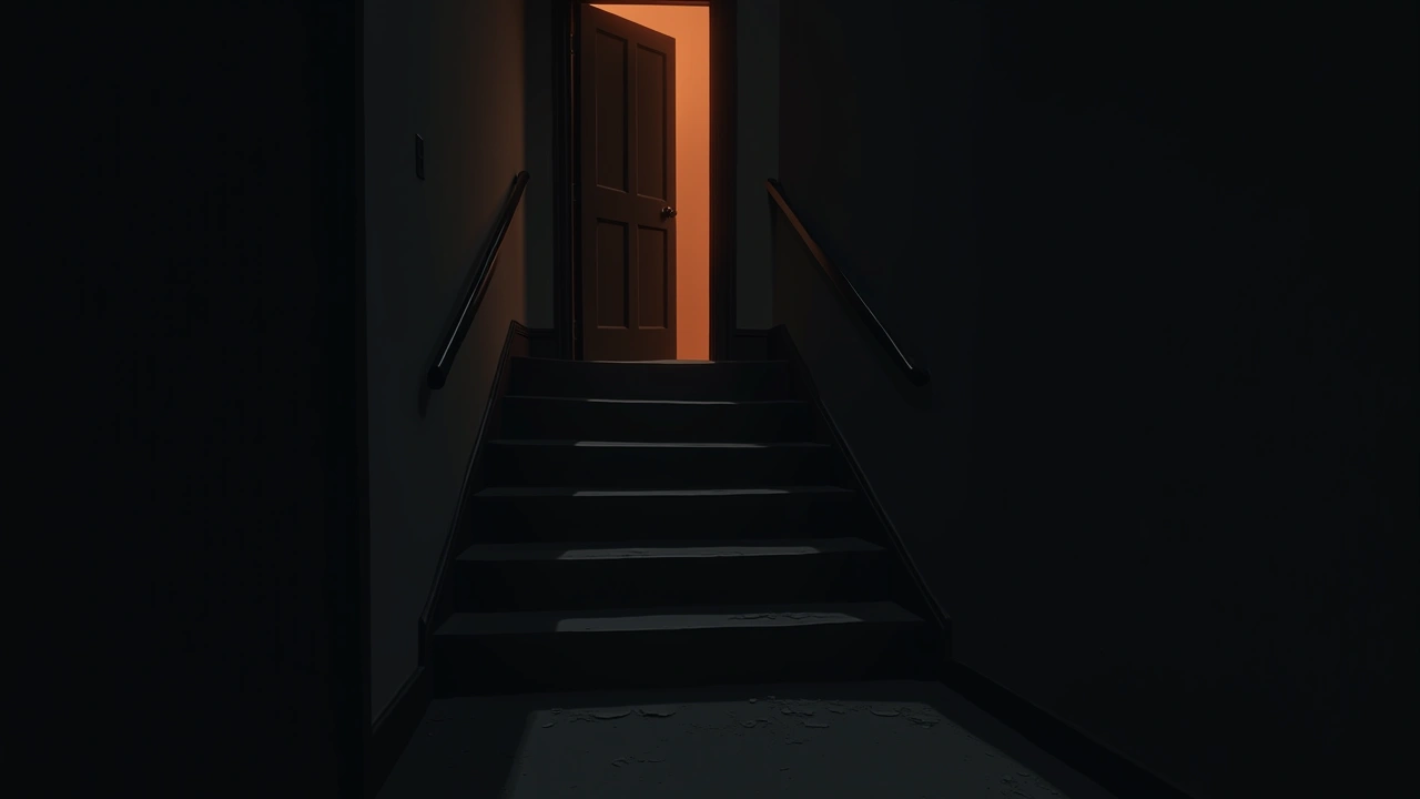 Illustration: a dim upstairs landing with a bedroom door ajar at the top of a staircase.