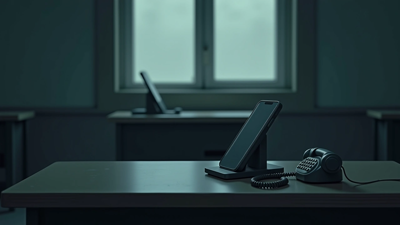 Illustration: two phones side by side on a desk inside an old abandoned schoolhouse at night.