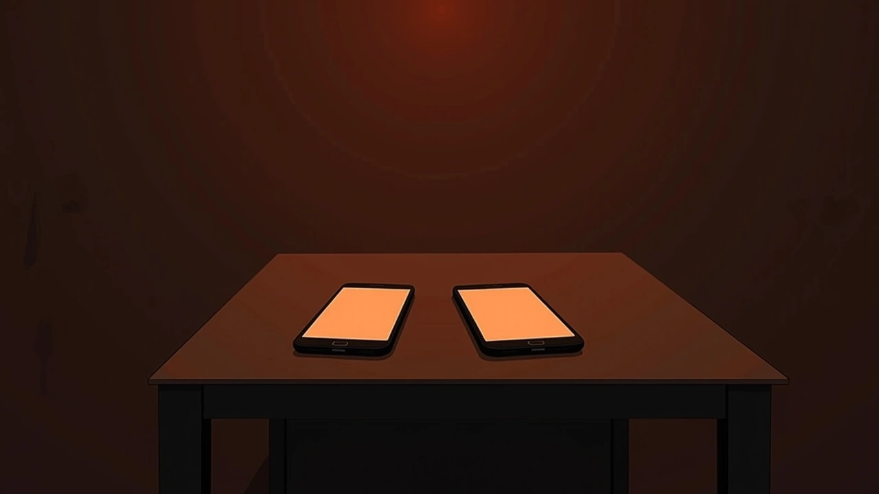 Illustration: two phones lying side by side on a table, screens glowing in a quiet room.
