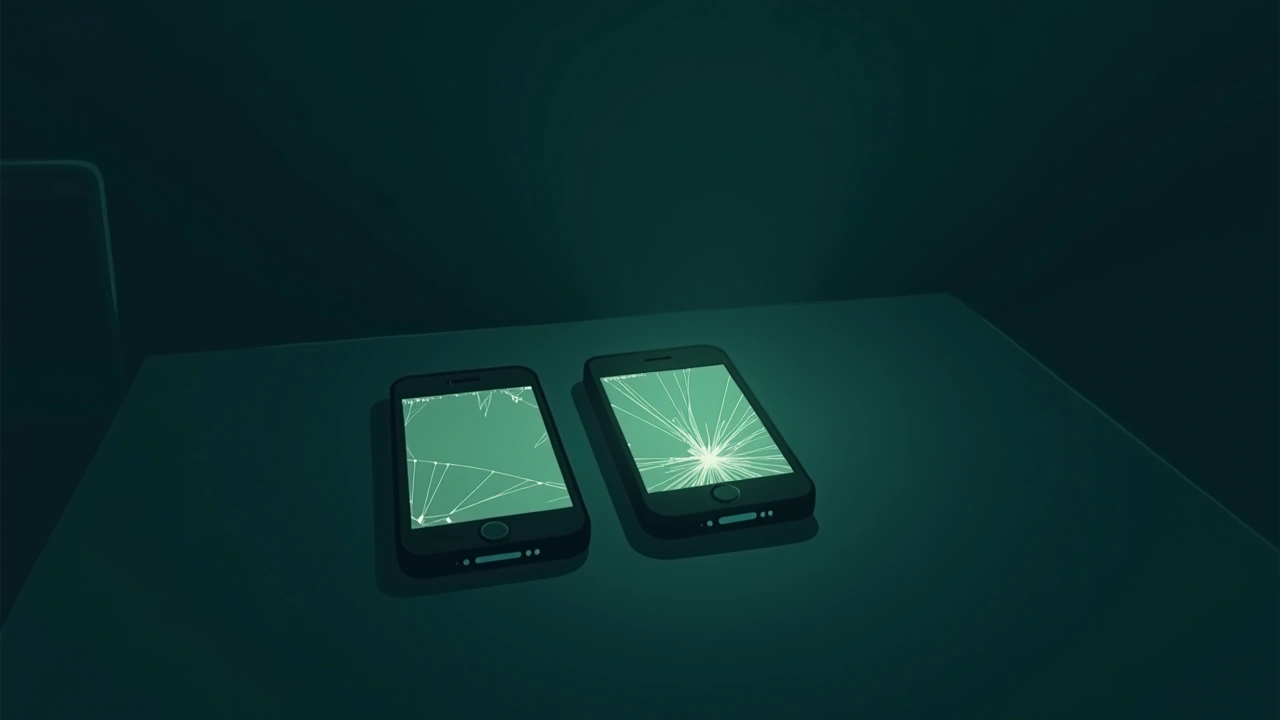 Illustration: two old smartphones side by side on a table at night, one with a cracked screen.