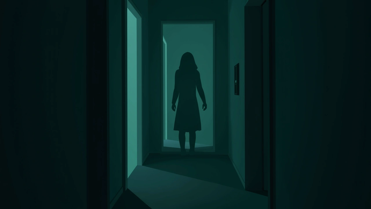 Illustration: a dim apartment hallway at night, quiet and still.