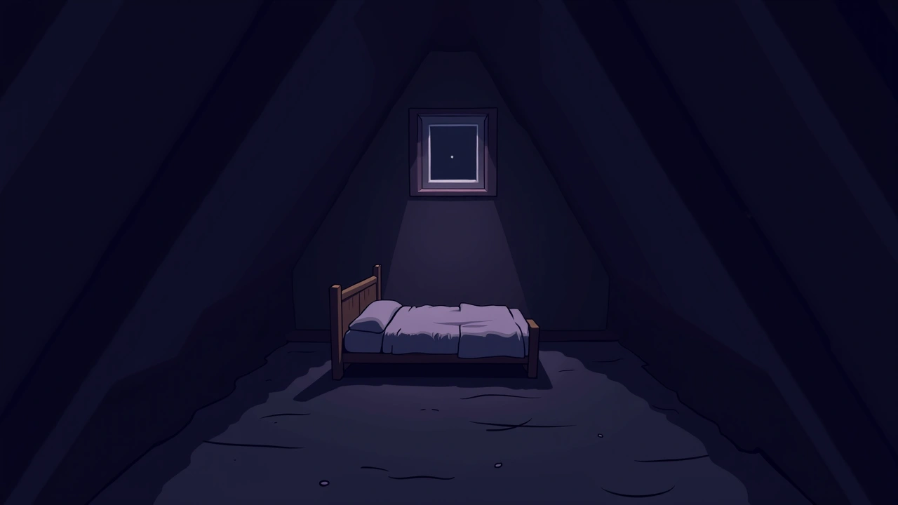 Illustration: a converted attic bedroom under a sloped roof in an old house at night, its dormer window dark.