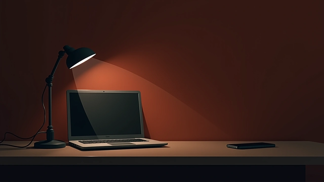 Illustration: a laptop and phone side by side on a desk at night, dim lamp light.