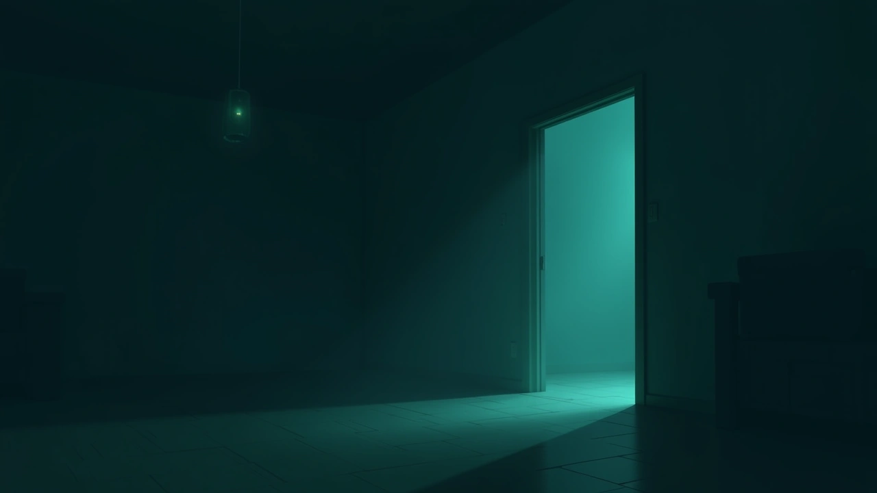 Illustration: an empty living room floor at night, one corner in deep shadow.