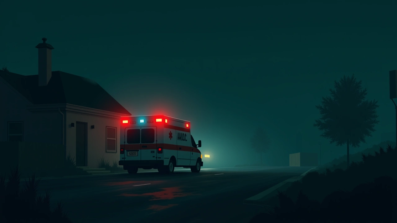 Illustration: an ambulance's red and blue lights glowing outside a house at night.
