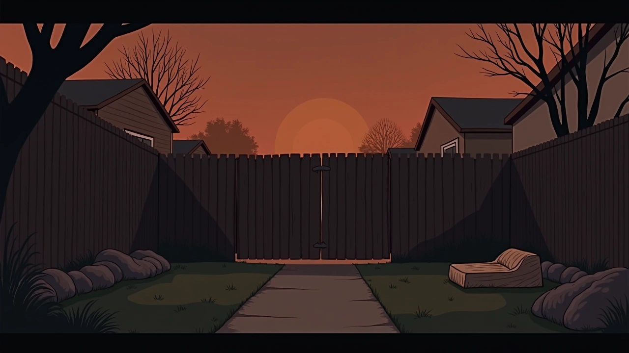 Illustration: an empty backyard at dusk with a free-standing gate shifted several feet, dog beds nearby.