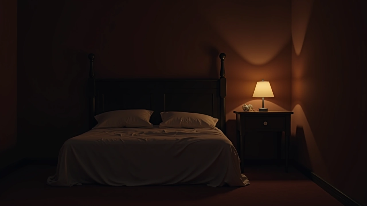 Illustration: a shadowy bedroom at night with an unmade bed.